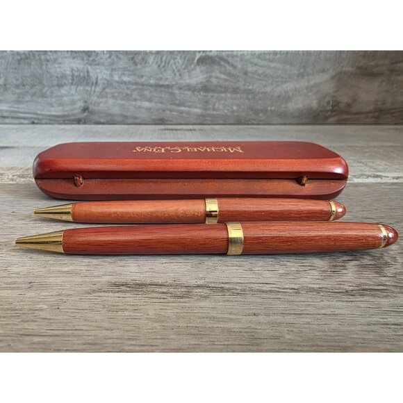 Michael C. Fina Fifth Avenue Wood Two Ballpoint Pen Set In Wood Box Retired b205 - Picture 9 of 9